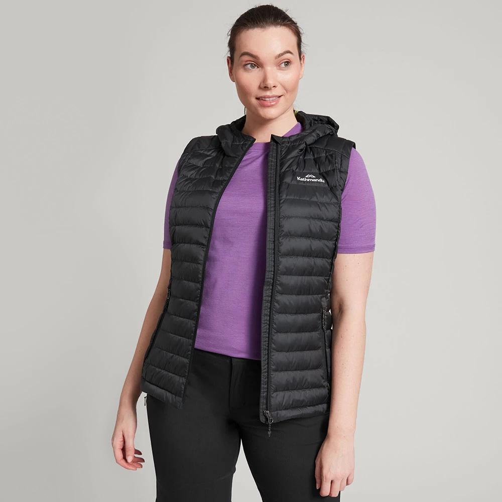 Kathmandu Womens Heli Lightweight Down Hooded Vest (Black)